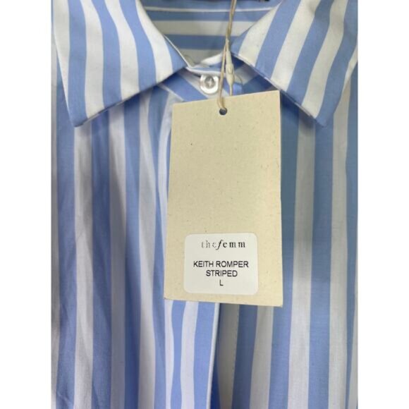 NWT The Femm Keith Poplin Striped Blue and White Long Sleeve Romper Size: Large - Picture 6 of 9